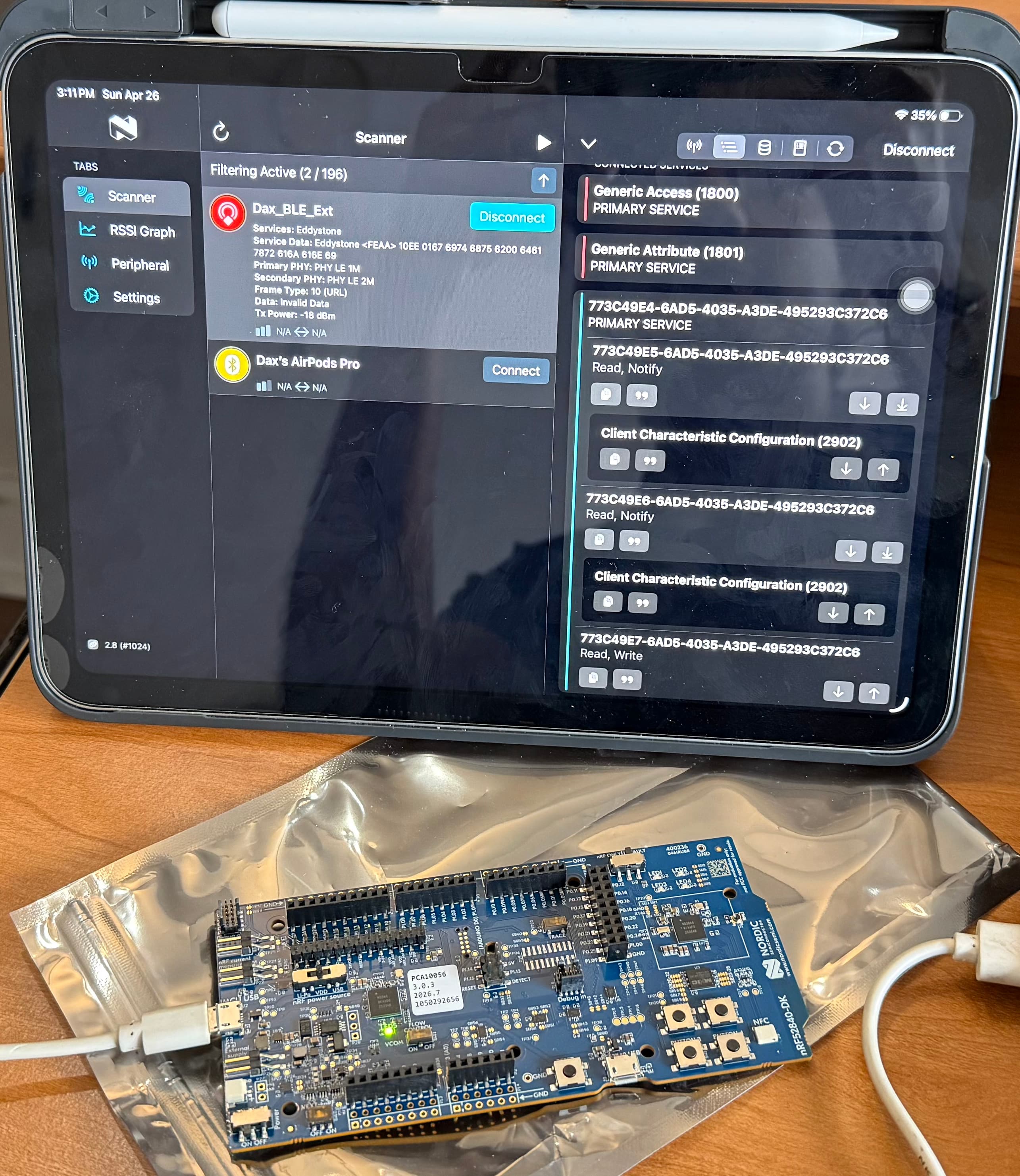 ARM Cortex M BLE development board running Dax BLE firmware connected via mobile scanner
